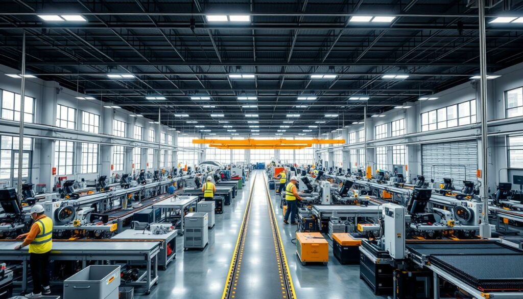 Produktionshalle mit Fertigungsstraße Produktionshalle mit Fertigungsstraße